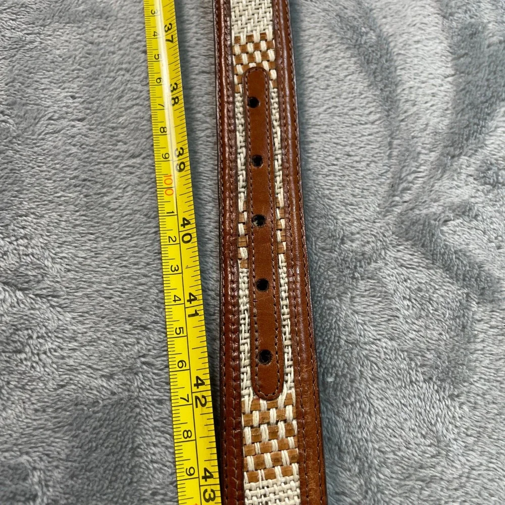 Vtg Aniline Kipskin Leather Woven Inlay Belt Solid Brass Buckle USA Mens 42